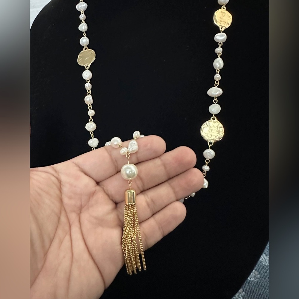 Designer Karine Sultan Freshwater Pearl Gold Tone Tassel Necklace - Picture 4 of 7
